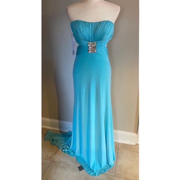 Jovani Strapless Evening Gown Aqua/Silver - Picture 2 of 5